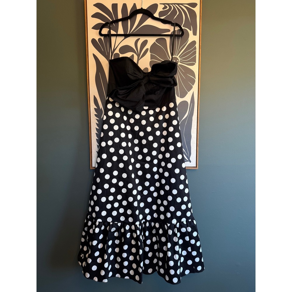 NWT Anthropologie Hutch Bow Tie Polka Dot Midi Dress Black White Size 14